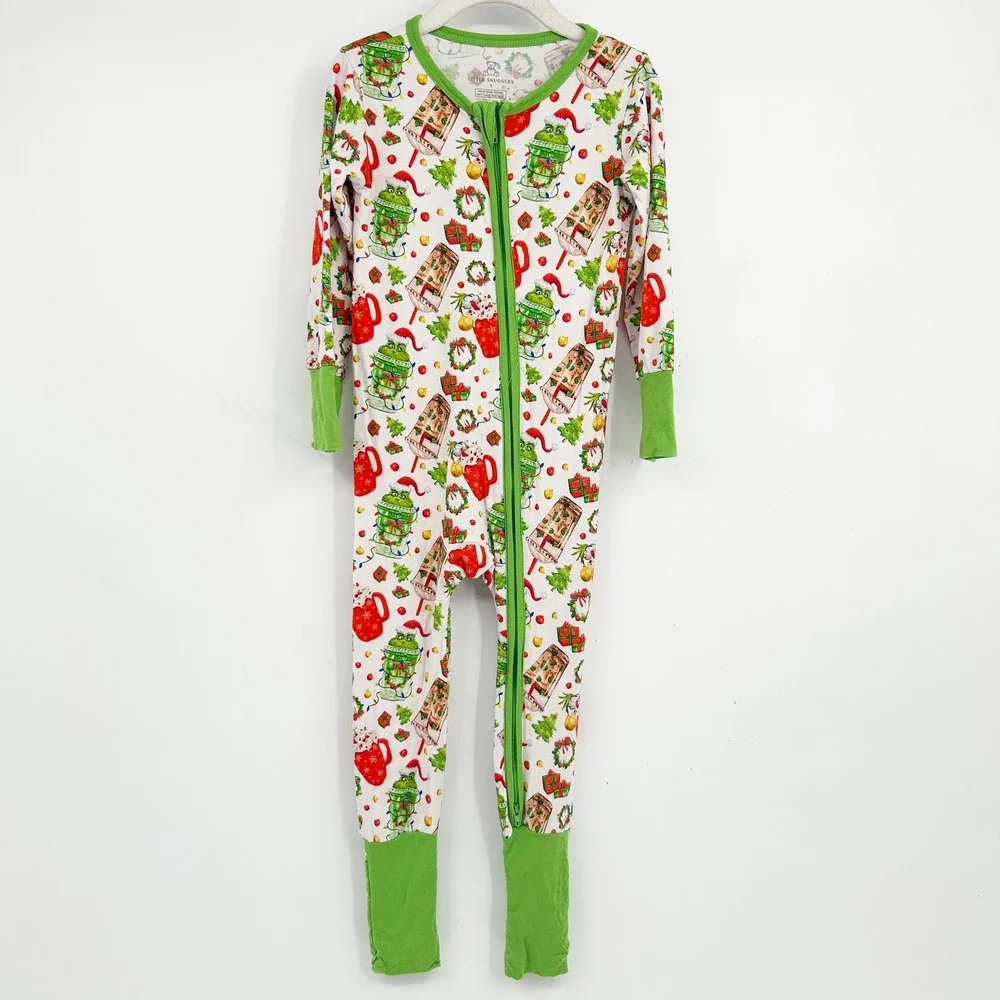 Little Snuggles Kids Christmas‎ Grinch Bamboo Zipper Holiday Pajamas Size 3